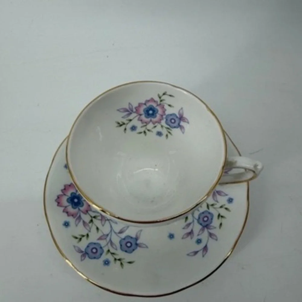 Avon Blue Blossoms Tea Cup and Saucer Set Fine Bone China England 1974 Vintage